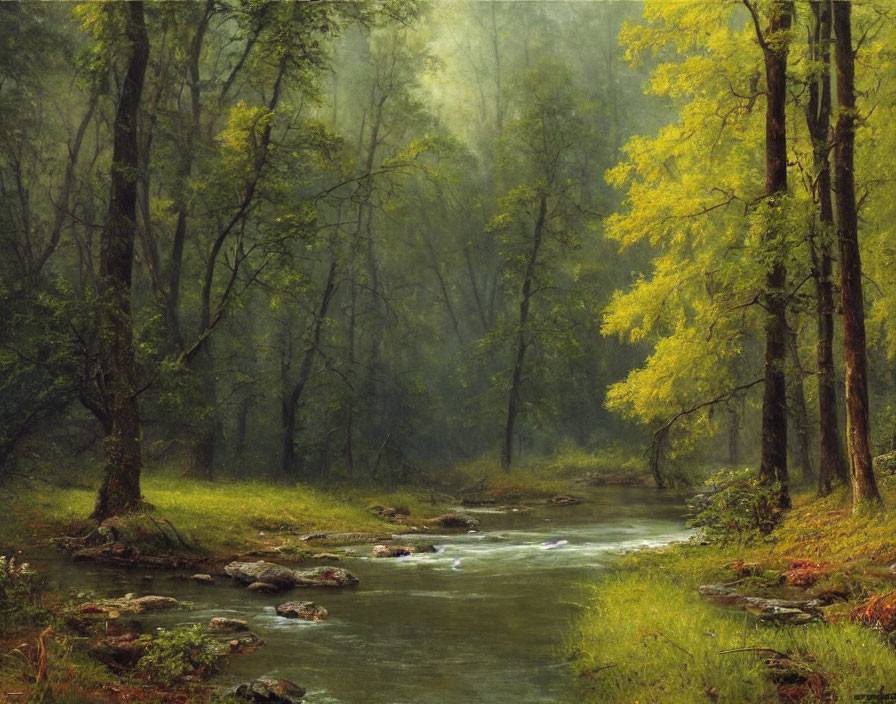 Tranquil forest landscape with flowing stream and misty greenery