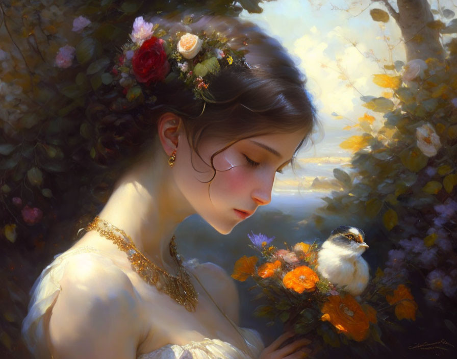 Woman with floral crown holding bird in flower-filled setting