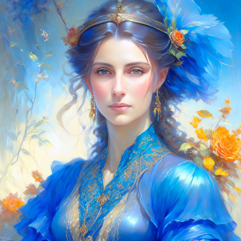 Woman in Blue Attire with Feather and Floral Background