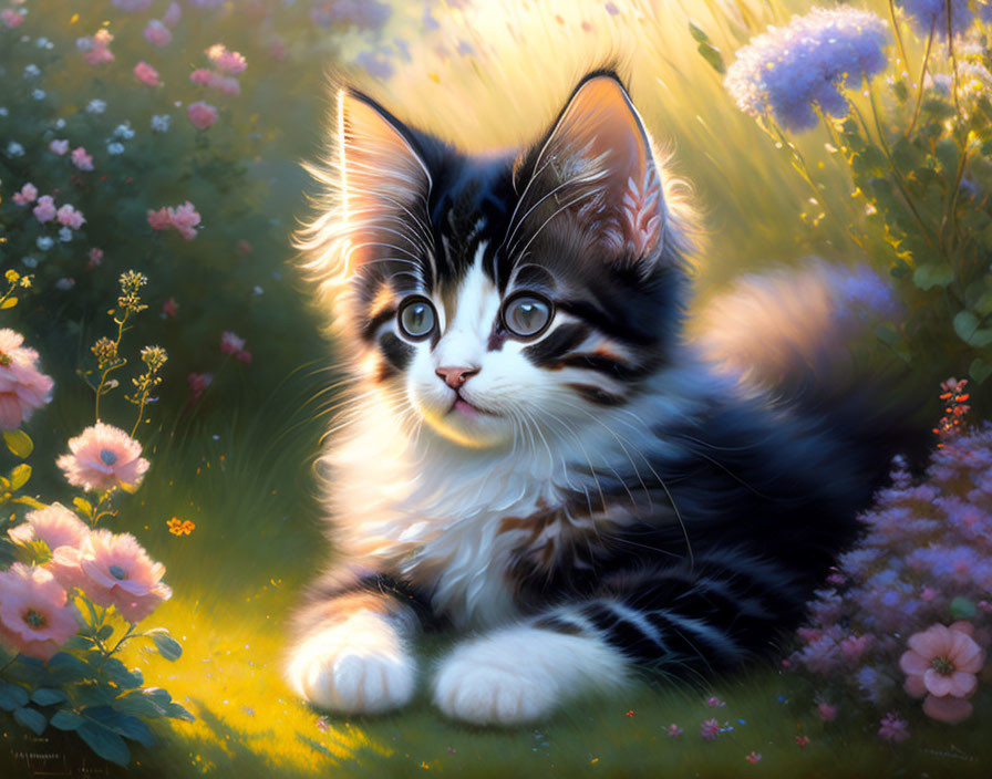 Fluffy black and white kitten in sunny field with colorful flowers