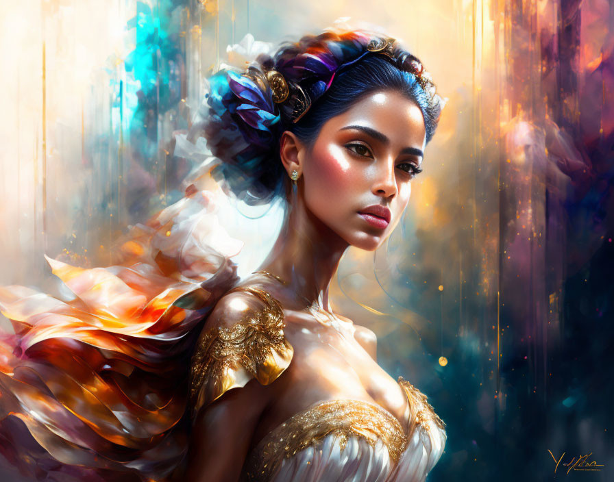 Digital painting of woman with golden shoulder piece and fiery-orange cloak against colorful backdrop