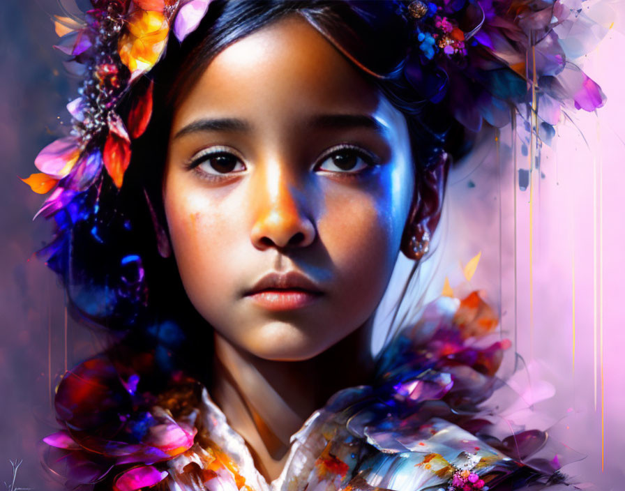 Vibrant digital portrait of young girl with expressive eyes among colorful flowers