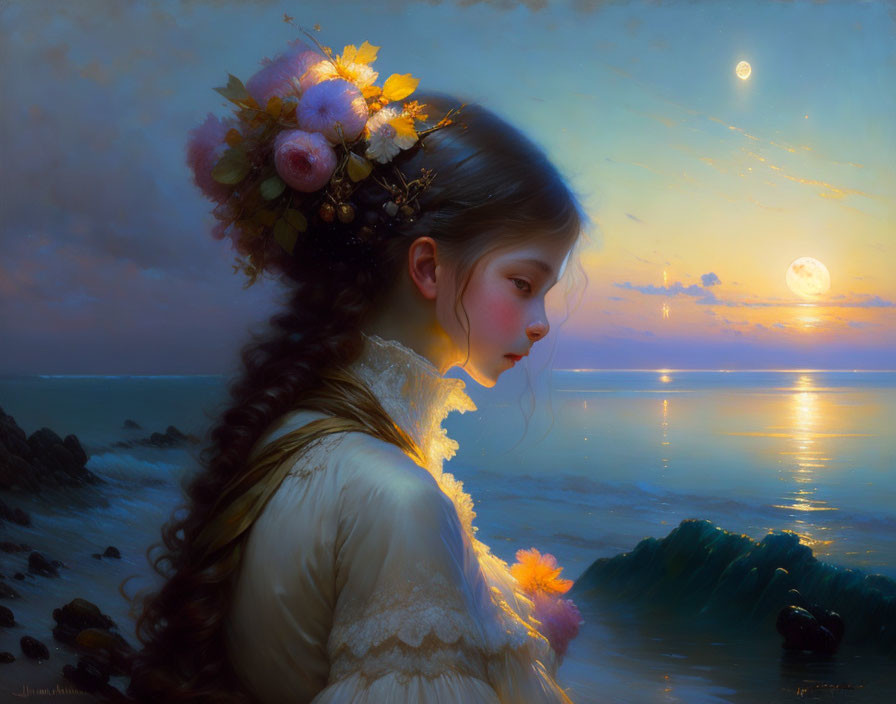 Woman with flowers in hair gazes at ocean sunset with moon - serene portrait