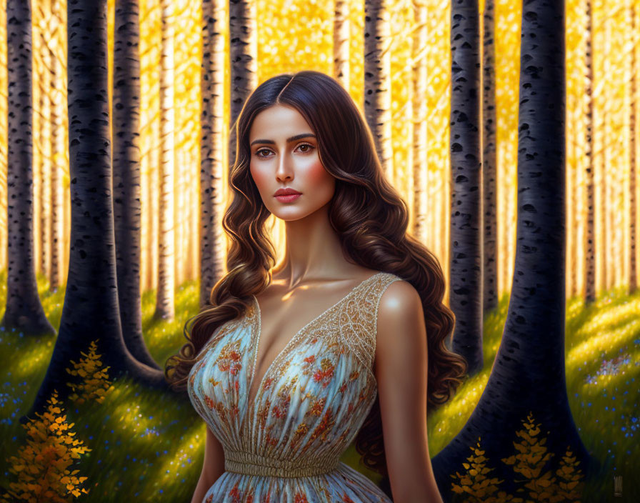 Woman with long brown hair in patterned dress in sunlit birch forest.