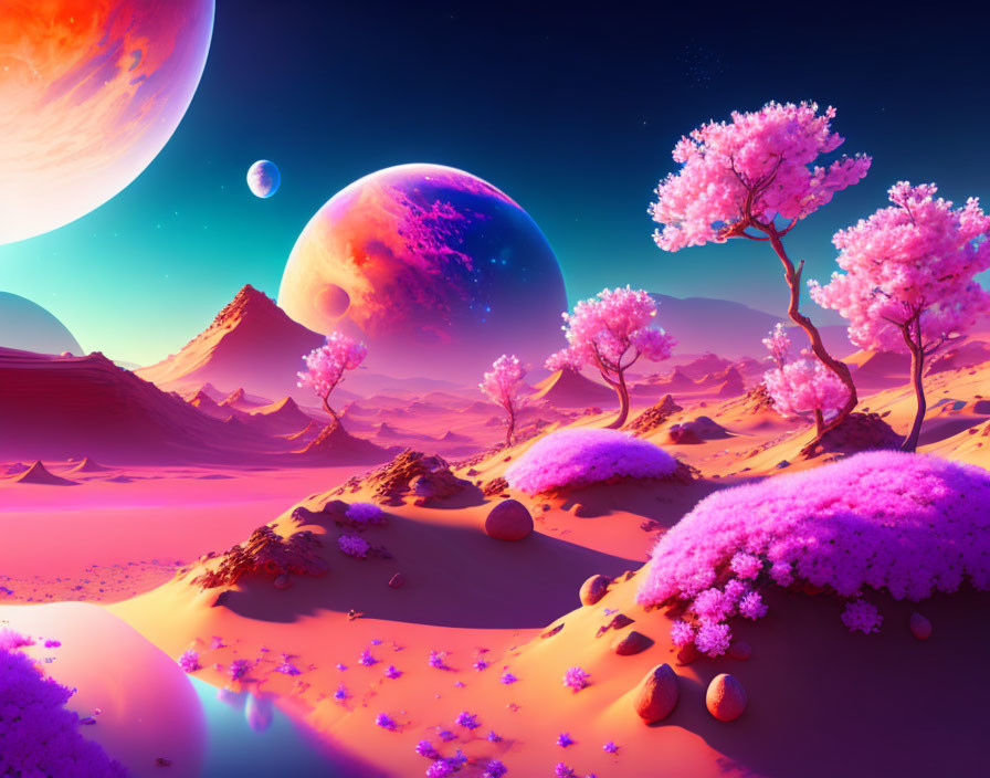 Colorful sci-fi landscape with pink cherry blossom trees and celestial bodies