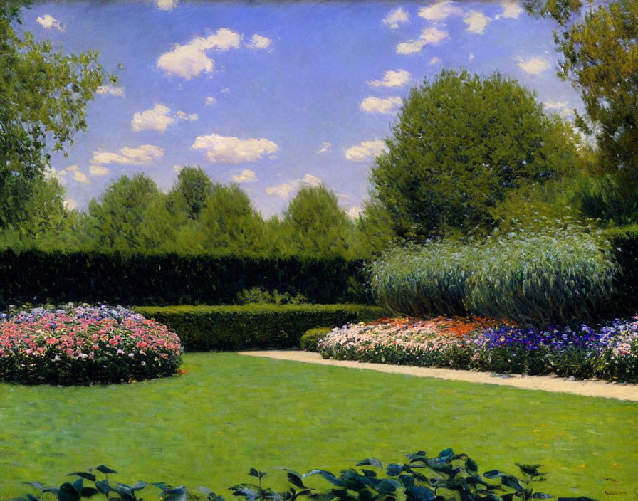 Lush flowerbeds, manicured lawn, hedges under blue sky