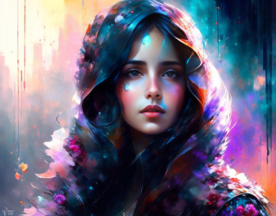 Portrait of Woman with Blue Eyes and Flowers in Colorful Abstract Setting