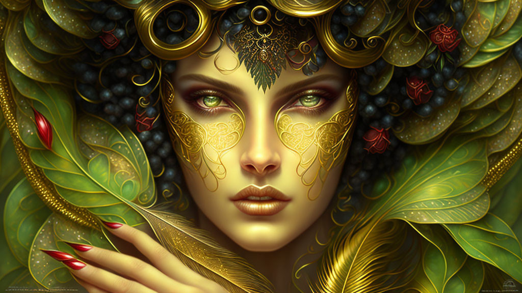 Detailed Fantasy Illustration: Woman with Golden Accessories and Grapevine Tattoos