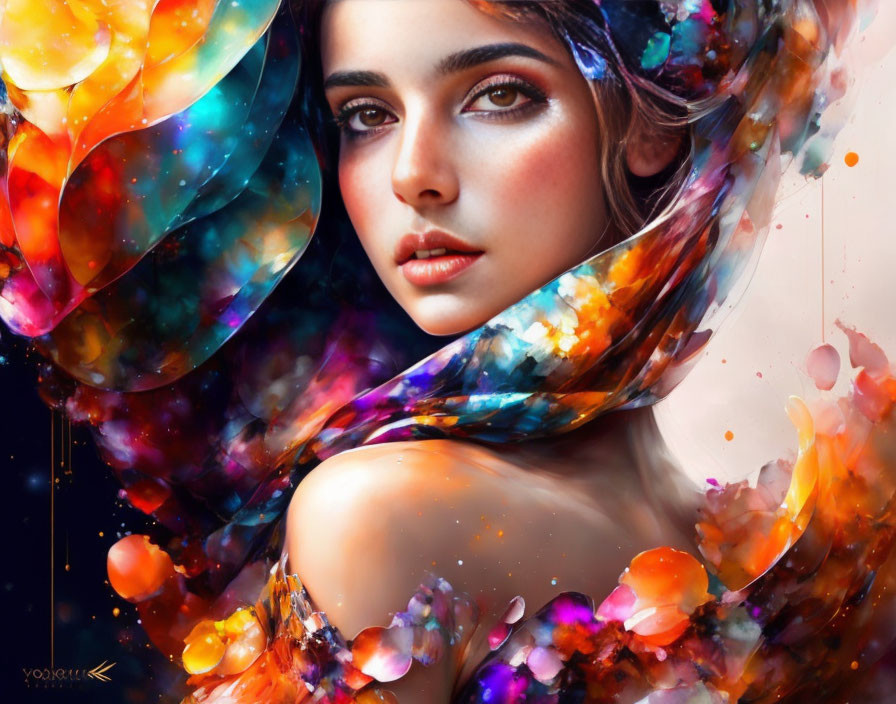 Vibrant cosmic-colored digital art portrait with flowing scarves