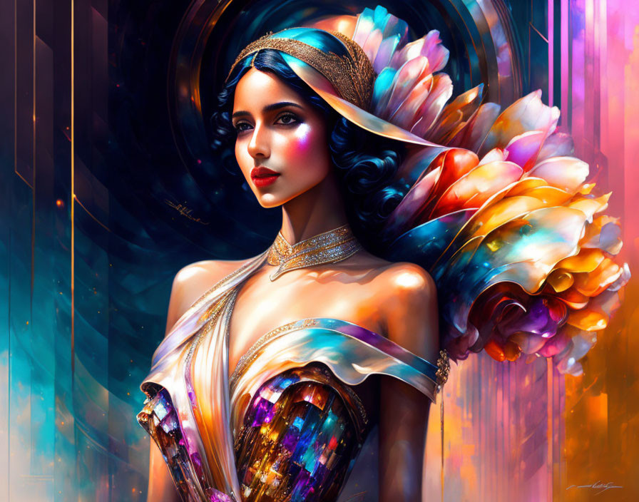 Illustrated woman with striking eyes in colorful feathered attire symbolizes mysticism in vibrant style