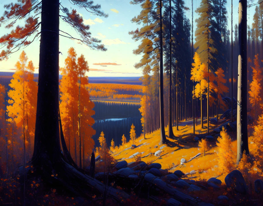 Tranquil autumn forest by serene lake at sunrise or sunset