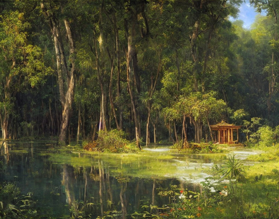 Tranquil forest scene with lush greenery, serene pond, and wooden gazebo