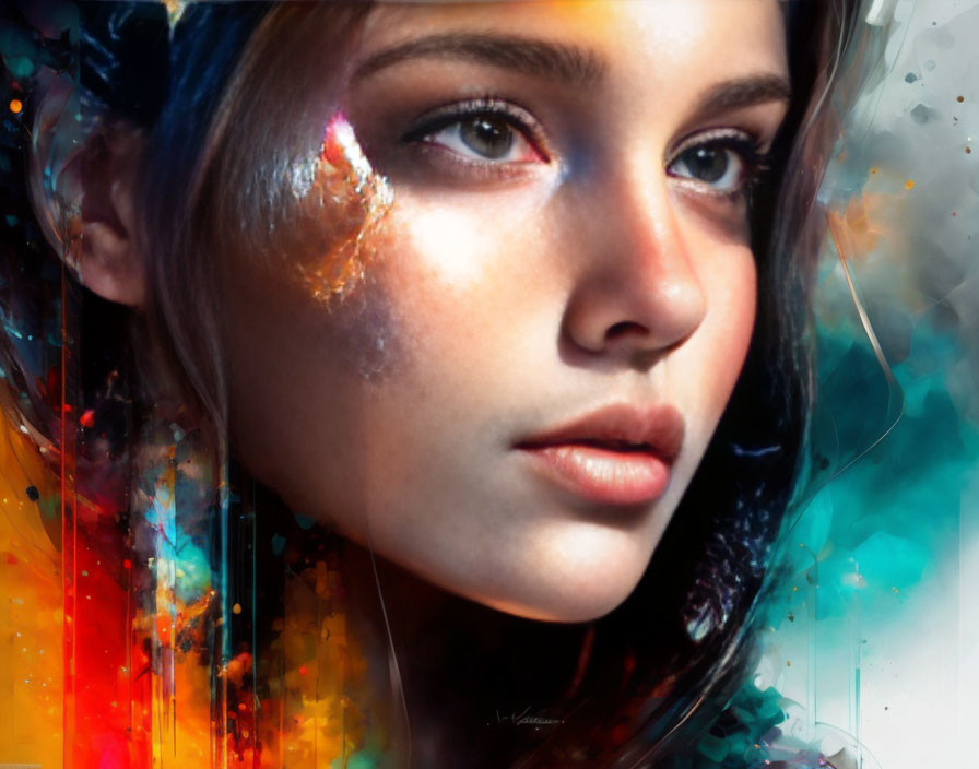 Vibrant abstract digital artwork of a woman with striking features