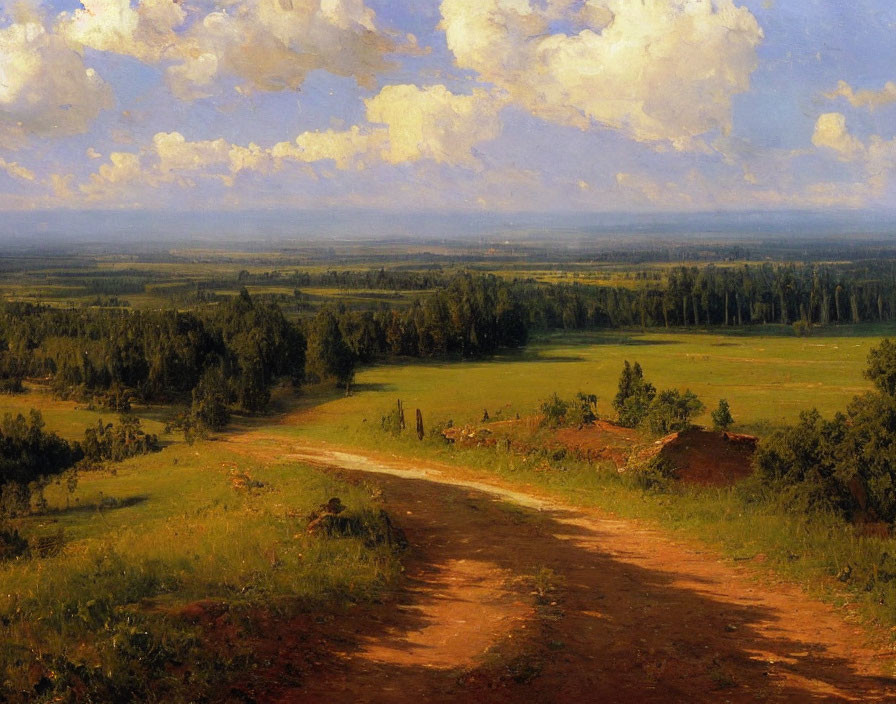 Classic Landscape Painting: Dirt Path Through Lush Green Fields