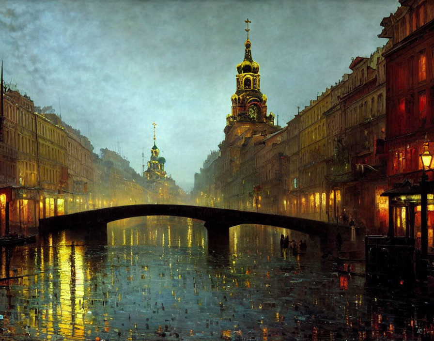 Rain-soaked cityscape with bridge, golden streetlights, and ornate buildings