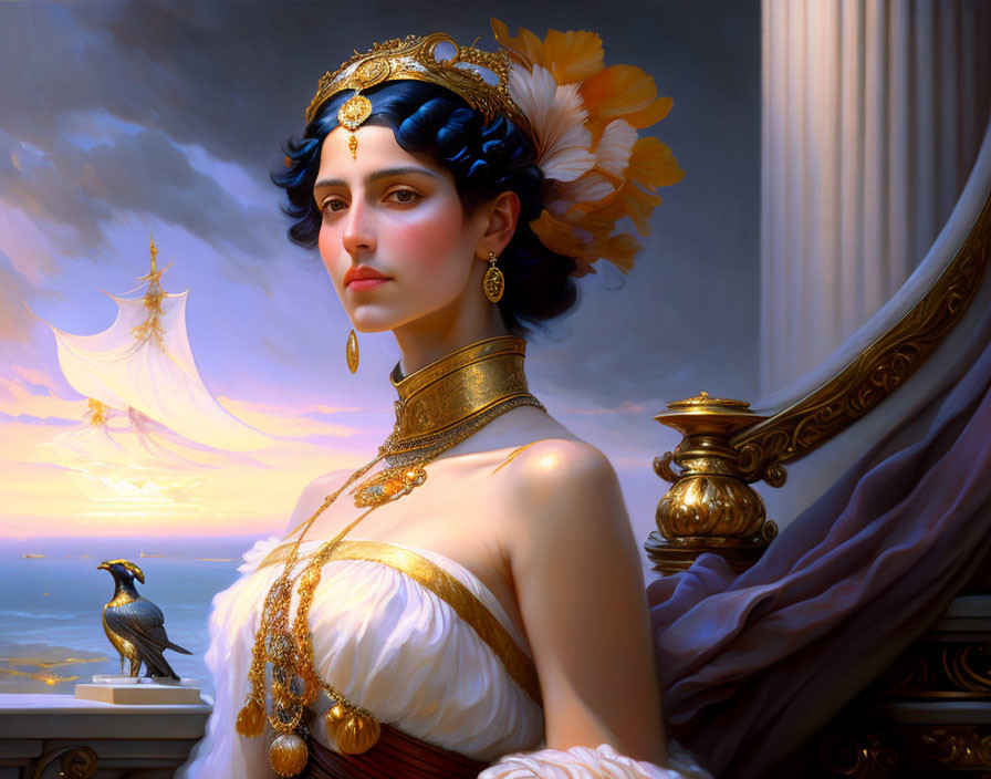 Elegant woman in classical attire with blue headpiece and gold jewelry overlooking sea with sailing ships