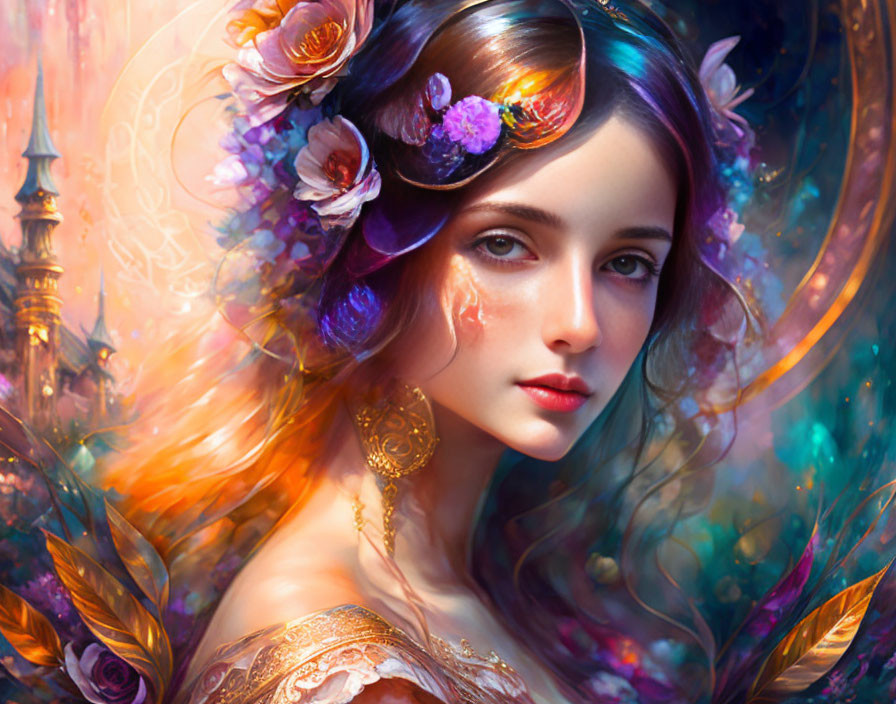 Ethereal woman with flowers and feathers in vibrant digital art