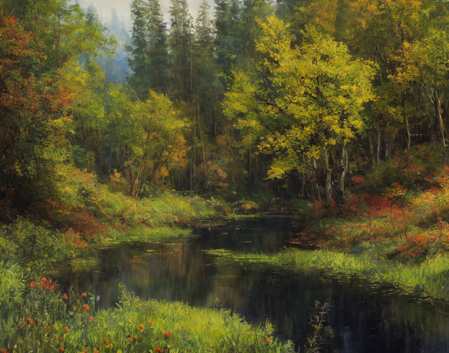 Tranquil autumn forest with river and wildflowers