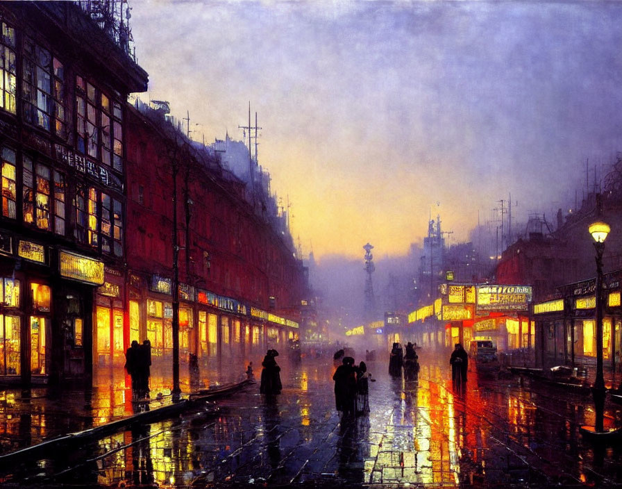 Rain-soaked city street at twilight with glowing shop windows and silhouetted figures