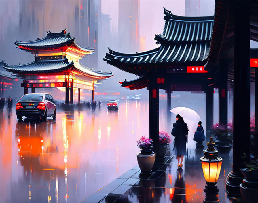 Futuristic cityscape with traditional Asian architecture and neon lights