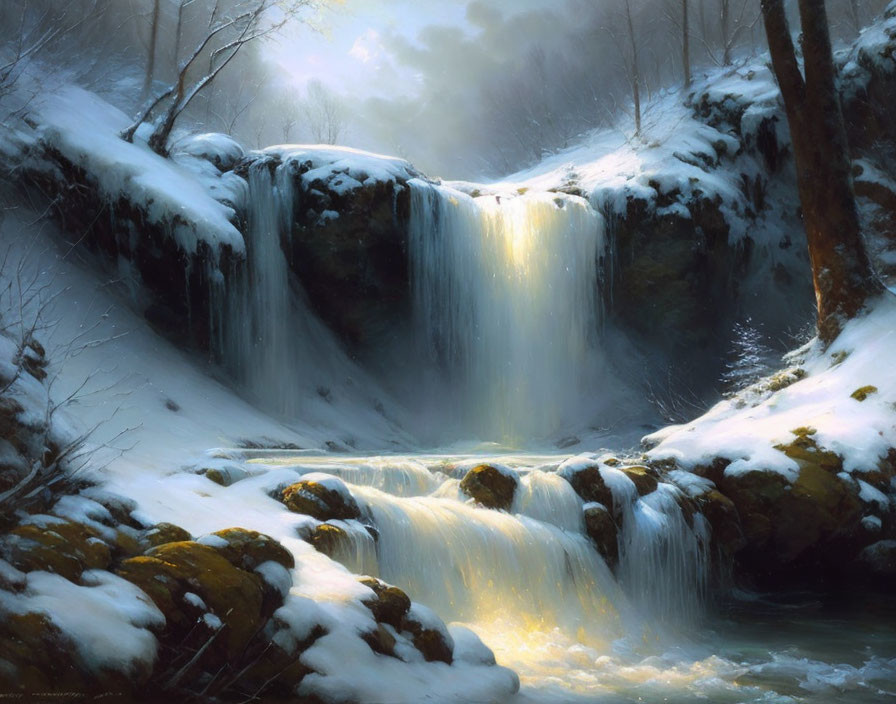 Winter landscape: waterfall, icy rocks, snow-covered trees