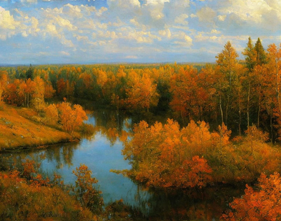 Serene autumn landscape with winding river and golden-orange trees