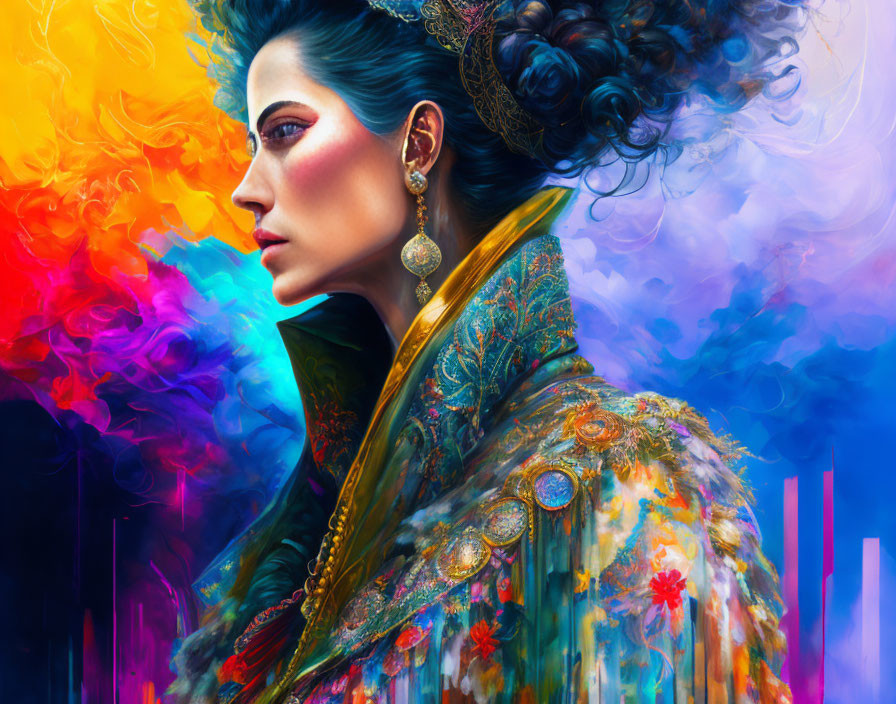 Colorful Smoke Surrounding Regal Woman in Digital Art