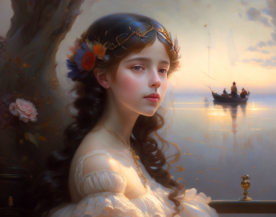 Portrait of Young Woman with Floral Crown and Ship at Sunset