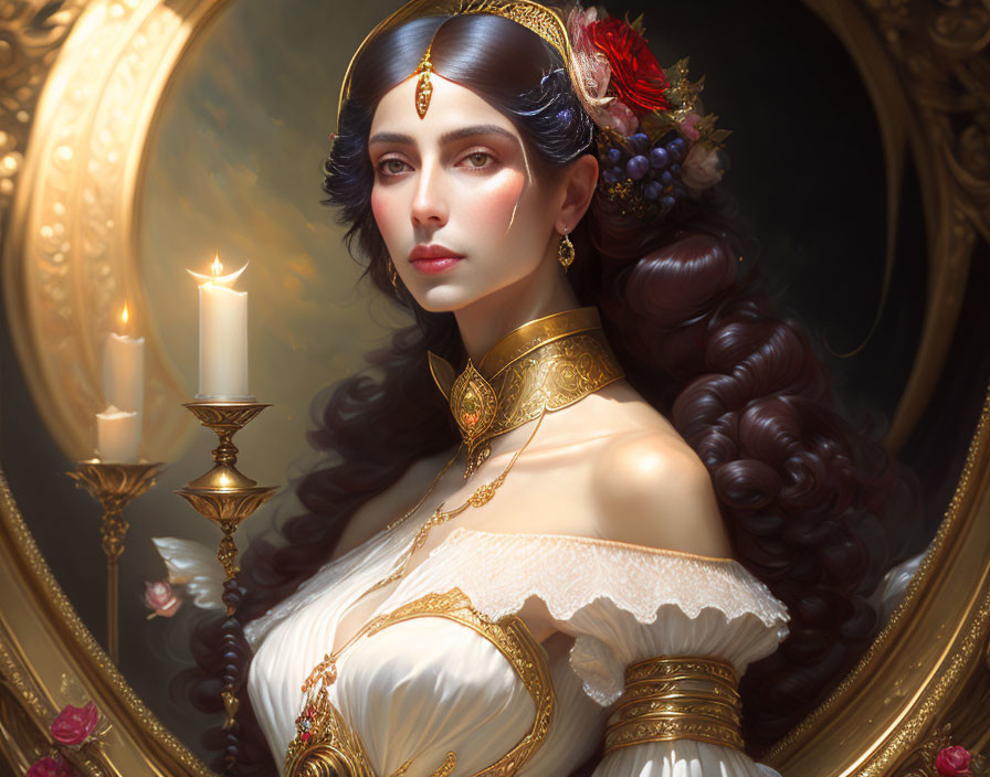 Regal woman with dark hair, gold jewelry, ornate headpiece, candle, and mirror