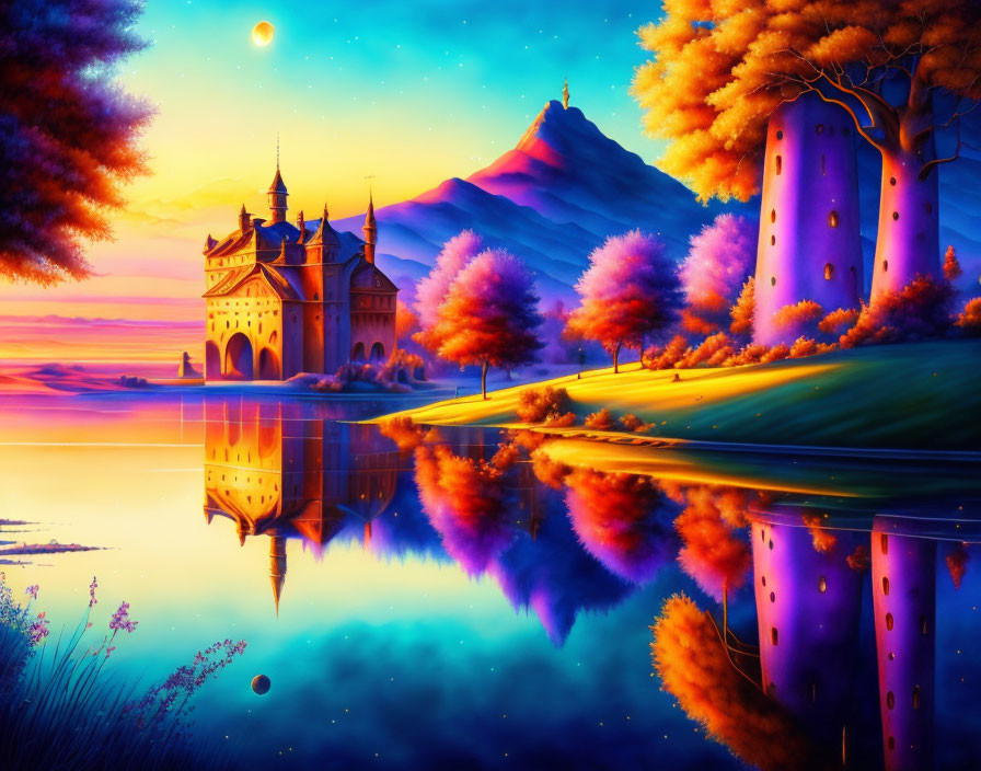 Fantasy landscape with castle, lake, pink trees, and mountains at sunset