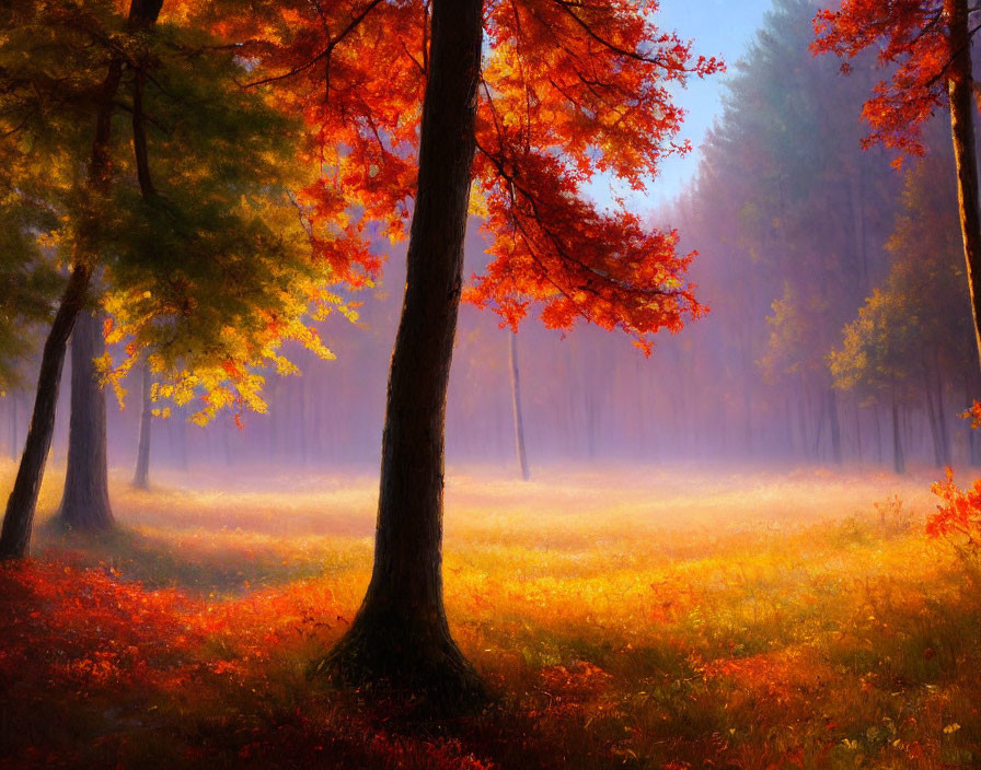 Autumn forest scene with mist and sunbeams illuminating red and orange foliage