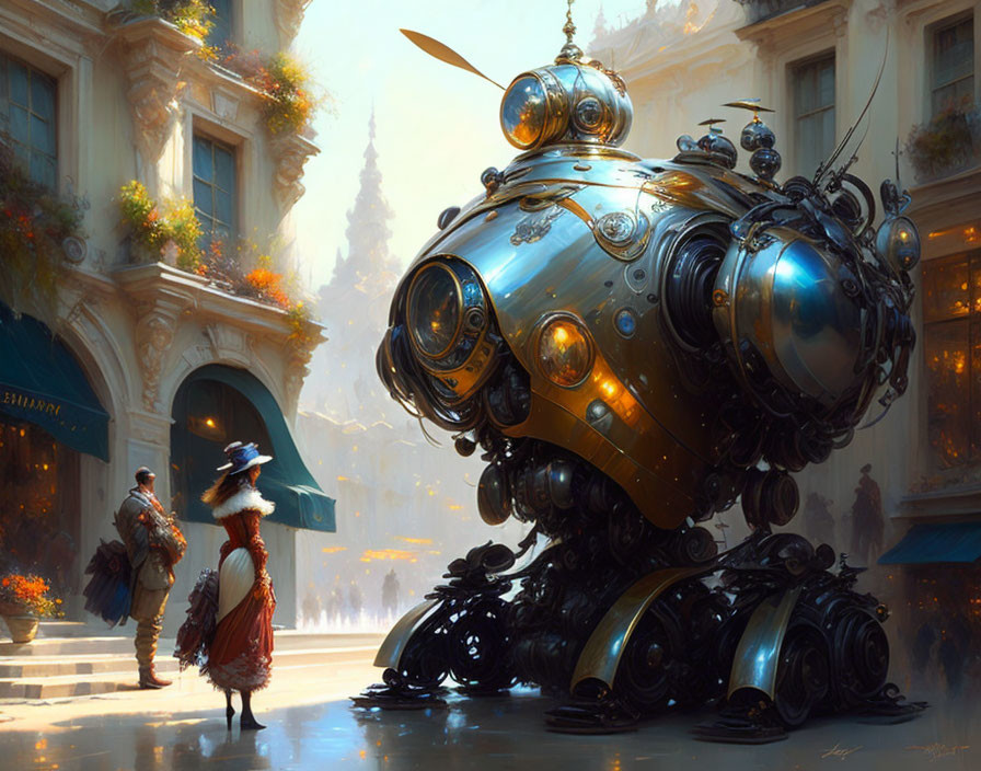 Vintage attire woman gazes at steampunk robot in bustling street scene