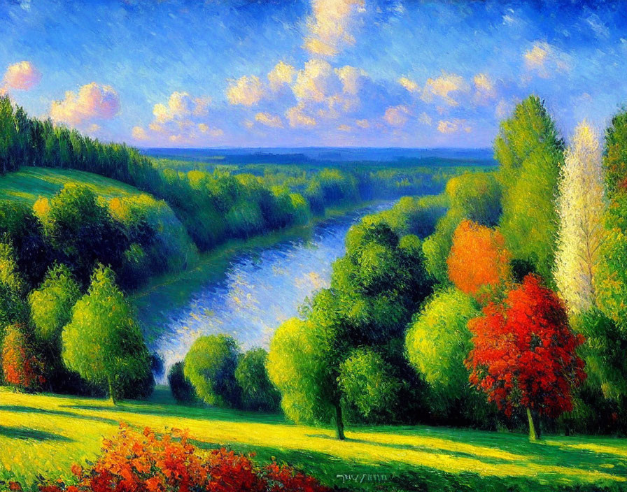 Colorful landscape painting: lush terrain, vibrant trees, cloudy sky, winding river