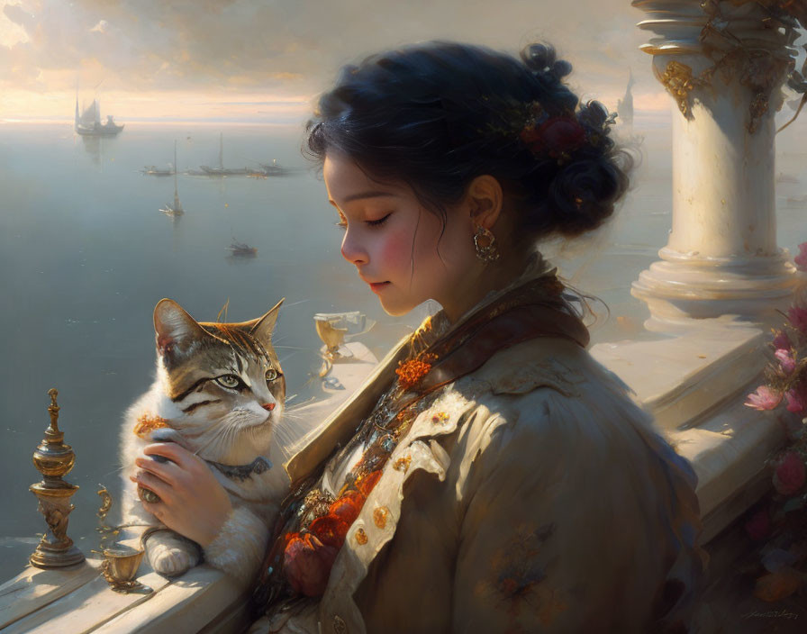 Woman in elegant attire holds a cat on balcony overlooking glowing seascape