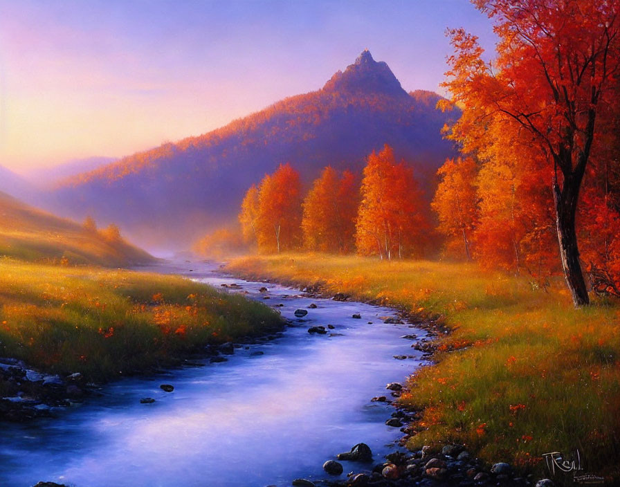 Tranquil autumn landscape with river, colorful foliage, and mountain peak.