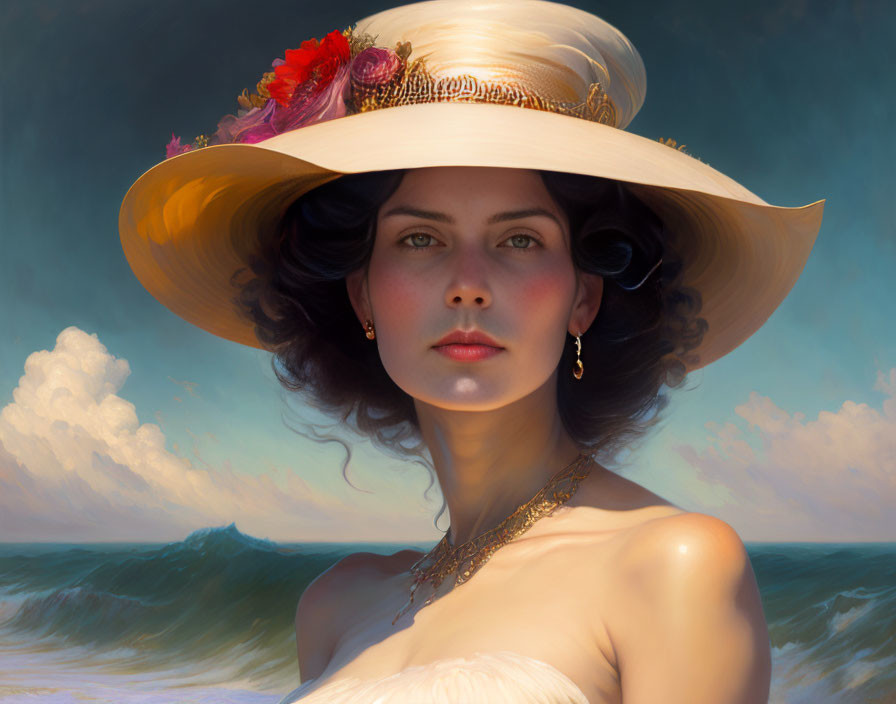 Portrait of a woman in wide-brimmed hat with floral adornments by the sea