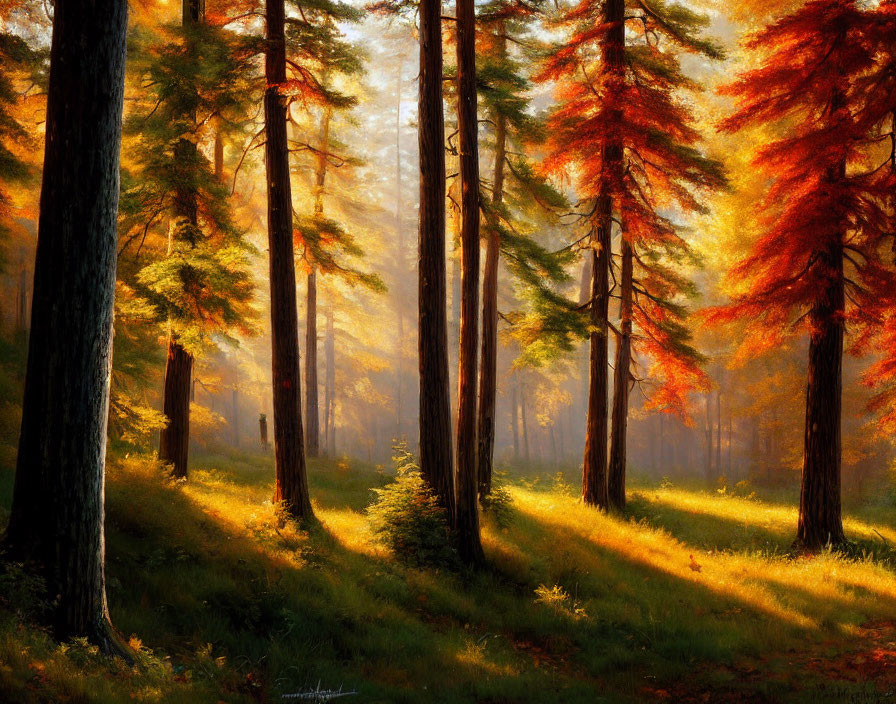 Vivid autumn forest scene with sunlight filtering through colorful foliage