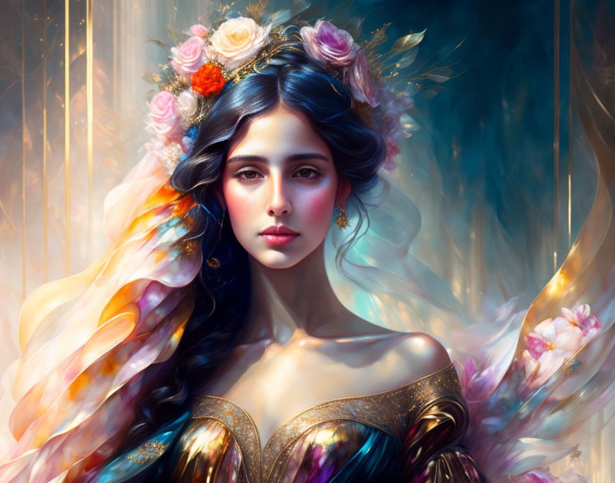 Fantasy portrait of woman with floral headdress and golden attire