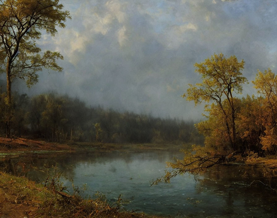 Tranquil river landscape with lush trees under moody sky