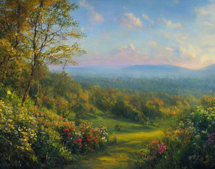 Lush Green Valley Landscape with Colorful Flowers and Hazy Mountains