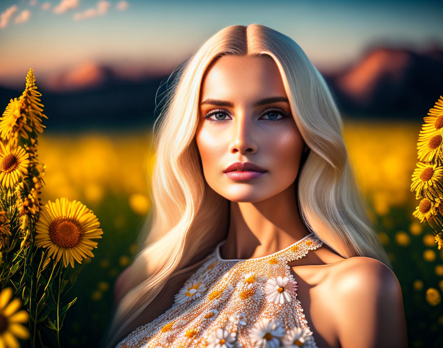 Blonde woman in floral dress among sunflowers at golden hour