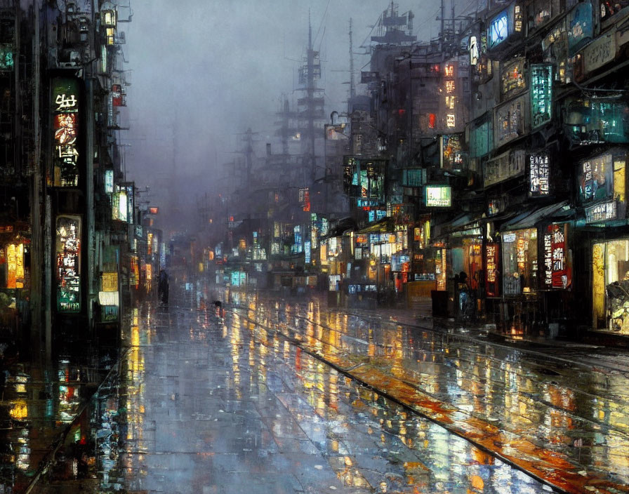 Rain-soaked street at night: Moody cyberpunk scene