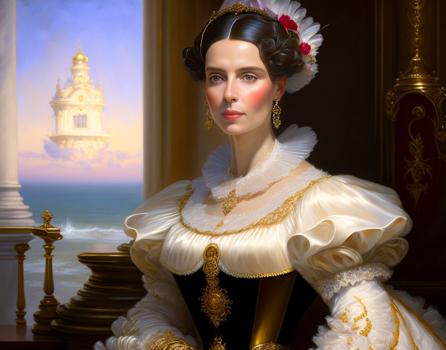 Historical dress woman with red flower, palace, and ocean backdrop