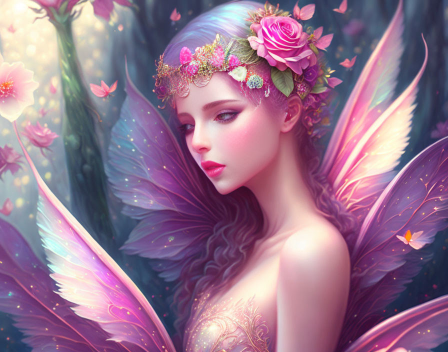 Whimsical fairy with purple wings in floral crown and dreamy backdrop