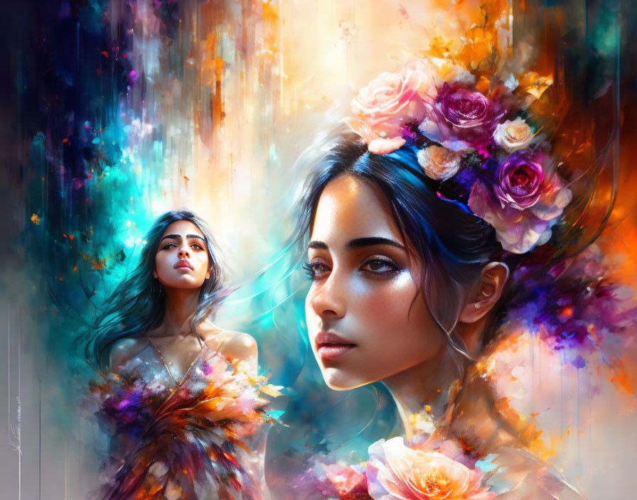 Colorful digital artwork: Two women with floral elements on vibrant background