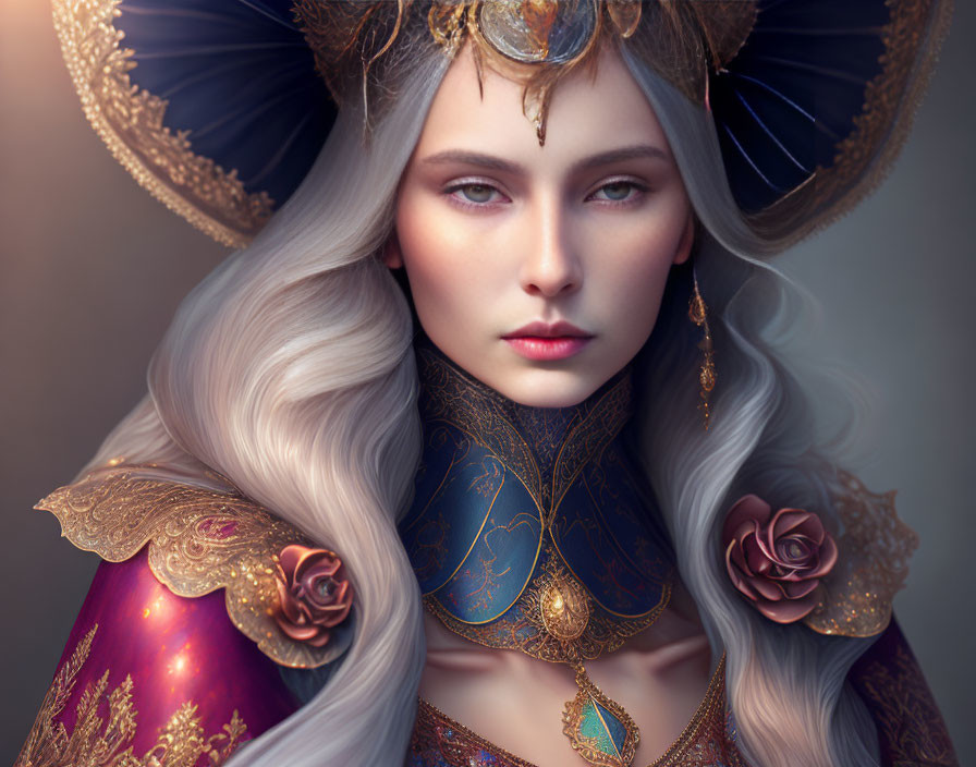 Fantasy woman portrait with silver hair, golden headpiece, blue attire.