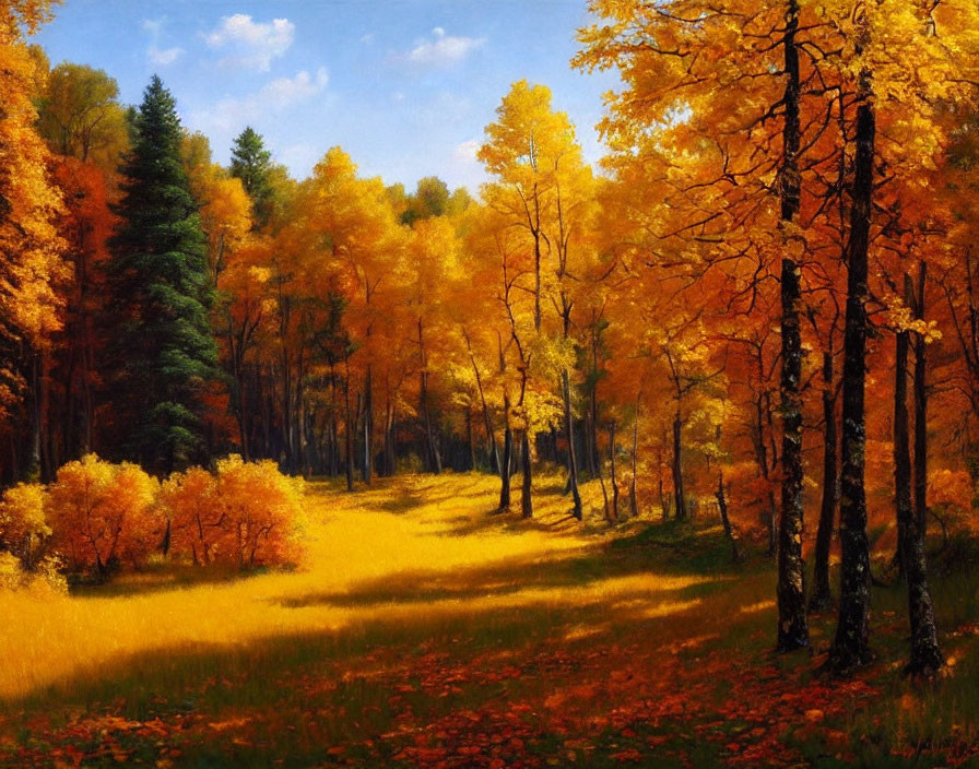 Vivid Autumn Landscape with Golden Trees and Meadow