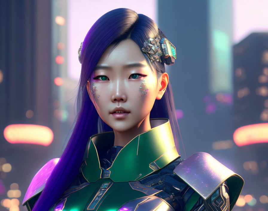 Futuristic digital art of young woman in purple hair and armor