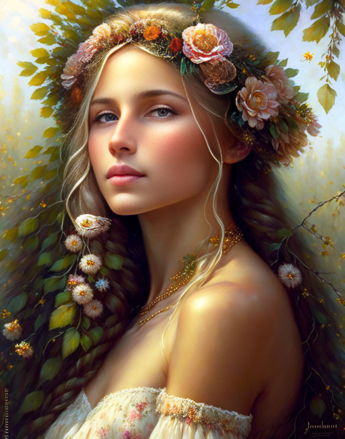 Woman portrait with floral crown and serene expression among soft-focus blossoms