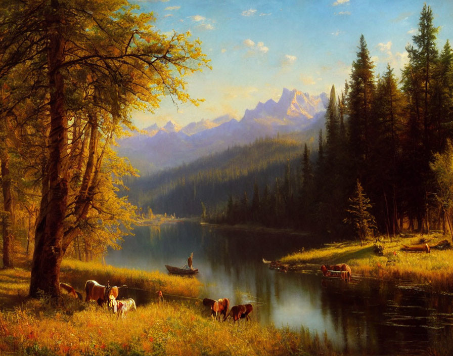 Tranquil landscape with lake, grazing cows, boatman, forested shores, and mountain peaks